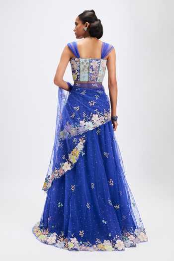 Aisha Rao_Blue Silk, Tulle Square Neck Azalee Persian Lehenga Saree Set _Online_at_Aza_Fashions