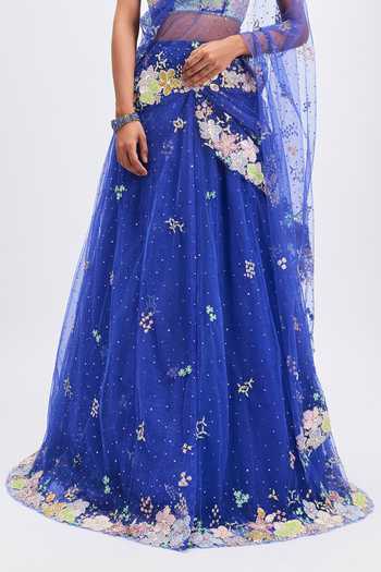 Shop_Aisha Rao_Blue Silk, Tulle Square Neck Azalee Persian Lehenga Saree Set _Online_at_Aza_Fashions