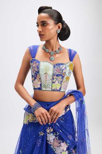 Aisha Rao_Blue Silk, Tulle Square Neck Azalee Persian Lehenga Saree Set _at_Aza_Fashions
