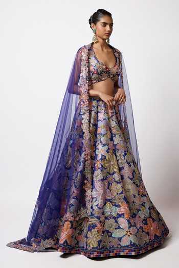 Aisha Rao_Blue Satin, Tulle Scoop Neck Cyanora Electric Lehenga Set _Online_at_Aza_Fashions