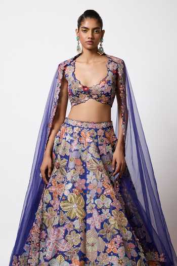 Buy_Aisha Rao_Blue Satin, Tulle Scoop Neck Cyanora Electric Lehenga Set _Online_at_Aza_Fashions