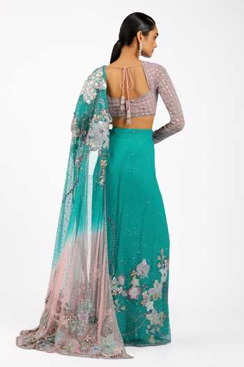 Aisha Rao_Green Tulle Square Neck Myrielle Embroidered Pre-draped Saree With Blouse _Online_at_Aza_Fashions