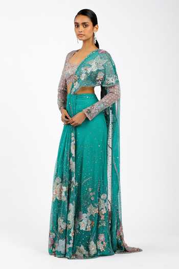 Buy_Aisha Rao_Green Tulle Square Neck Myrielle Embroidered Pre-draped Saree With Blouse _Online_at_Aza_Fashions
