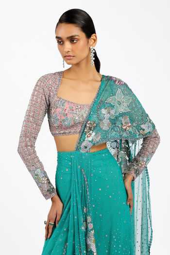 Shop_Aisha Rao_Green Tulle Square Neck Myrielle Embroidered Pre-draped Saree With Blouse _Online_at_Aza_Fashions