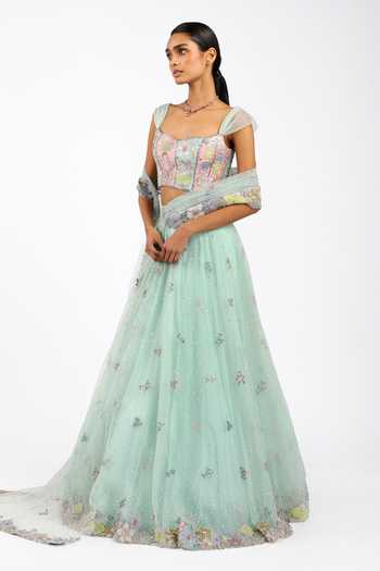Aisha Rao_Blue Silk, Tulle Square Neck Azalee Baby Saree Lehenga Set _Online_at_Aza_Fashions