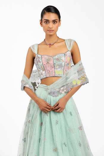 Buy_Aisha Rao_Blue Silk, Tulle Square Neck Azalee Baby Saree Lehenga Set _Online_at_Aza_Fashions