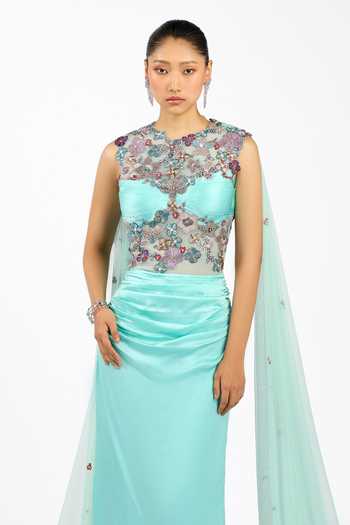 Aisha Rao_Blue Satin, Tulle, Silk Embroidery, Sequins, Stones, Vivelise Scuba Cape Gown _Online_at_Aza_Fashions