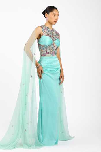 Buy_Aisha Rao_Blue Satin, Tulle, Silk Embroidery, Sequins, Stones, Vivelise Scuba Cape Gown _Online_at_Aza_Fashions