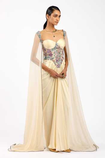 Aisha Rao_Beige Silk, Satin, Tulle Embroidery, Beads, Applique Zaferine Pleated Gown _Online_at_Aza_Fashions