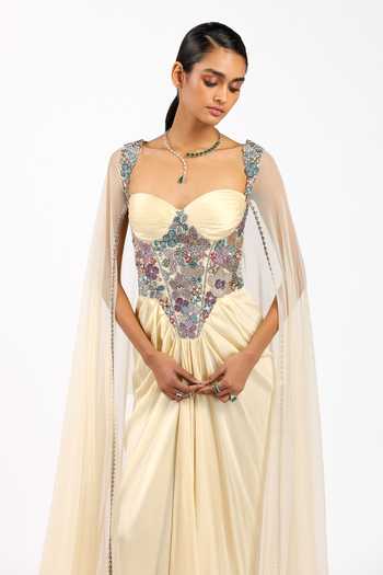 Buy_Aisha Rao_Beige Silk, Satin, Tulle Embroidery, Beads, Applique Zaferine Pleated Gown _Online_at_Aza_Fashions