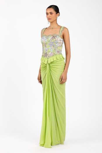 Aisha Rao_Green Chiffon Applique, Ruffles Square Neck Yszlie Pleated Gown _Online_at_Aza_Fashions