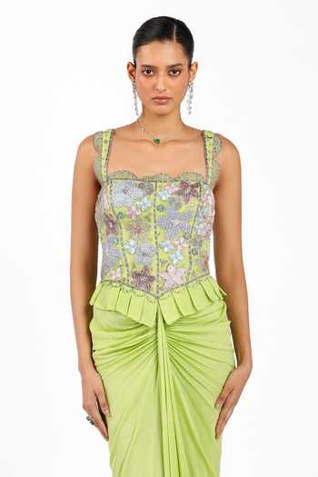 Buy_Aisha Rao_Green Chiffon Applique, Ruffles Square Neck Yszlie Pleated Gown _Online_at_Aza_Fashions