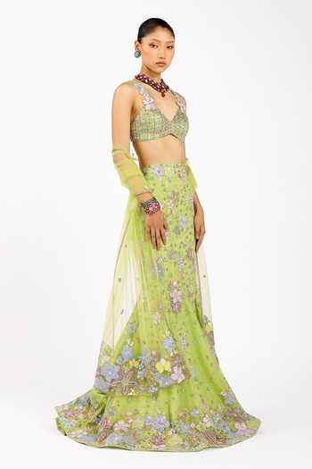 Buy_Aisha Rao_Green Tulle V-neck Verphine Mermaid Lehenga Set _Online_at_Aza_Fashions
