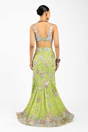 Aisha Rao_Green Tulle V-neck Verphine Mermaid Lehenga Set _Online_at_Aza_Fashions