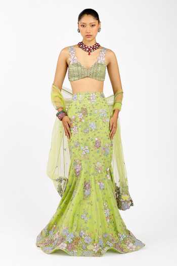 Shop_Aisha Rao_Green Tulle V-neck Verphine Mermaid Lehenga Set _Online_at_Aza_Fashions