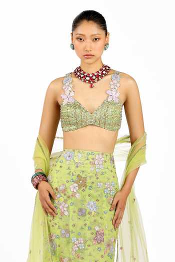Aisha Rao_Green Tulle V-neck Verphine Mermaid Lehenga Set _at_Aza_Fashions