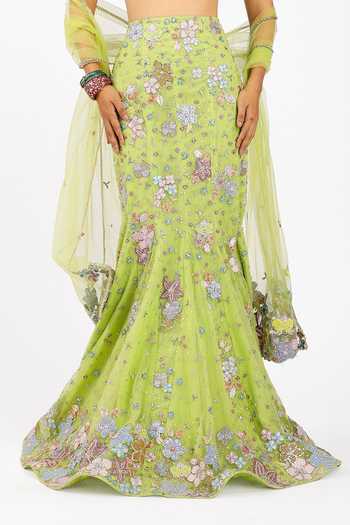 Buy_Aisha Rao_Green Tulle V-neck Verphine Mermaid Lehenga Set 