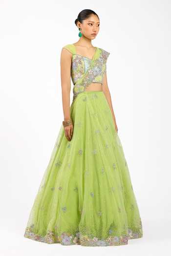 Aisha Rao_Green Silk, Tulle Square Neck Azalee Lime Saree Lehenga Set _Online_at_Aza_Fashions