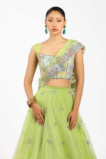 Buy_Aisha Rao_Green Silk, Tulle Square Neck Azalee Lime Saree Lehenga Set _Online_at_Aza_Fashions