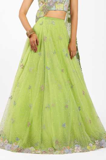 Shop_Aisha Rao_Green Silk, Tulle Square Neck Azalee Lime Saree Lehenga Set _Online_at_Aza_Fashions