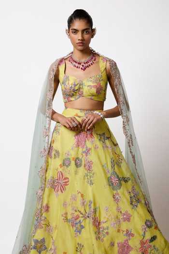 Aisha Rao_Yellow Organza, Tulle Sweetheart Neck Orelia Lime Lehenga Set _Online_at_Aza_Fashions