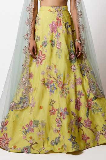 Buy_Aisha Rao_Yellow Organza, Tulle Sweetheart Neck Orelia Lime Lehenga Set _Online_at_Aza_Fashions