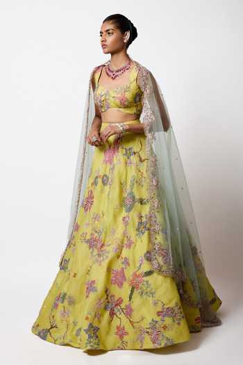 Shop_Aisha Rao_Yellow Organza, Tulle Sweetheart Neck Orelia Lime Lehenga Set _Online_at_Aza_Fashions