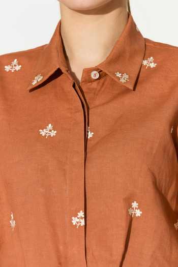 Koai_Orange Linen Collared Embroidered Shirt _Online_at_Aza_Fashions
