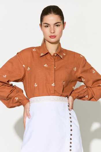 Buy_Koai_Orange Linen Collared Embroidered Shirt _Online_at_Aza_Fashions