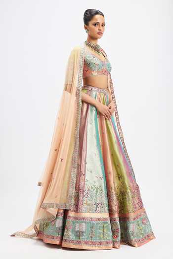Aisha Rao_Multi Color Tissue, Tulle Sweetheart Neck Camelia Pop Applique Work Lehenga Set _Online_at_Aza_Fashions