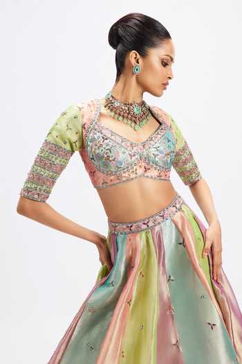 Buy_Aisha Rao_Multi Color Tissue, Tulle Sweetheart Neck Camelia Pop Applique Work Lehenga Set _Online_at_Aza_Fashions