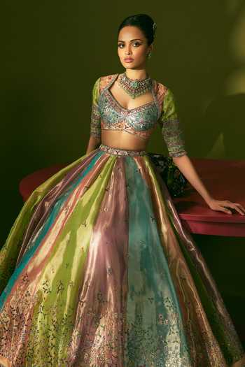 Shop_Aisha Rao_Multi Color Tissue, Tulle Sweetheart Neck Camelia Pop Applique Work Lehenga Set _Online_at_Aza_Fashions