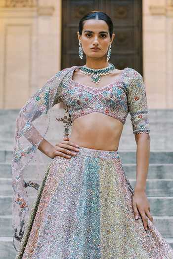 Buy_Aisha Rao_Multi Color Net, Tulle Sweetheart Neck Tribelle Multicolour Sequin Lehenga Set _Online_at_Aza_Fashions