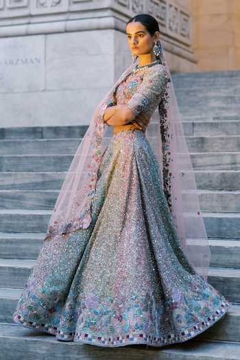Aisha Rao_Multi Color Net, Tulle Sweetheart Neck Tribelle Multicolour Sequin Lehenga Set _Online_at_Aza_Fashions