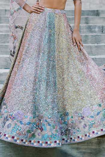 Shop_Aisha Rao_Multi Color Net, Tulle Sweetheart Neck Tribelle Multicolour Sequin Lehenga Set _Online_at_Aza_Fashions