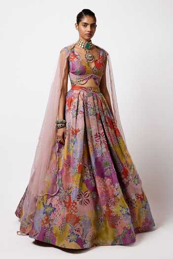 Aisha Rao_Pink Organza, Tulle, Net V-neck Brillara Printed And Embellished Lehenga Set _Online_at_Aza_Fashions