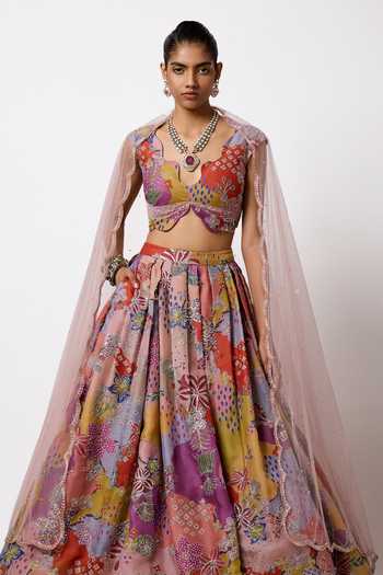 Buy_Aisha Rao_Pink Organza, Tulle, Net V-neck Brillara Printed And Embellished Lehenga Set _Online_at_Aza_Fashions
