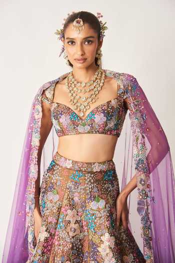 Shop_Aisha Rao_Multi Color Tissue, Tulle Sweetheart Neck Etoile Copper Metallic Lehenga Set _Online_at_Aza_Fashions