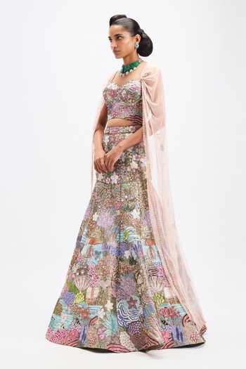 Aisha Rao_Multi Color Tissue, Tulle Sweetheart Dorena Grey Metallic Mermaid Lehenga Set _Online_at_Aza_Fashions