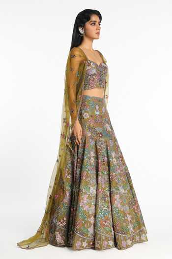 Buy_Aisha Rao_Olive Green Tissue, Tulle Sweetheart Neck Doree Organza Lehenga With Blouse _Online_at_Aza_Fashions