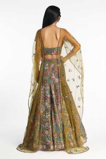 Aisha Rao_Olive Green Tissue, Tulle Sweetheart Neck Doree Organza Lehenga With Blouse _Online_at_Aza_Fashions