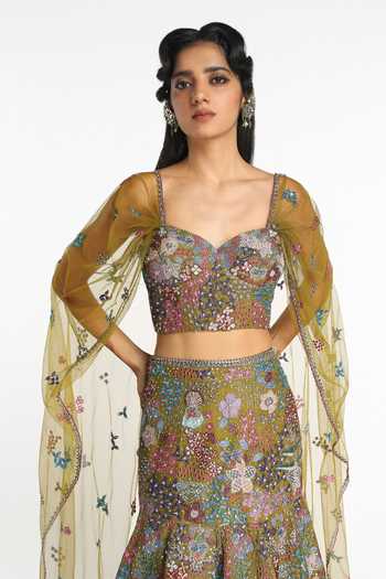 Shop_Aisha Rao_Olive Green Tissue, Tulle Sweetheart Neck Doree Organza Lehenga With Blouse _Online_at_Aza_Fashions