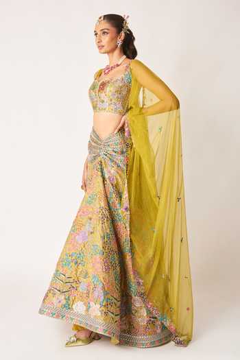 Buy_Aisha Rao_Olive Green Tissue, Tulle Sweetheart Neck Olesia Ruched Lehenga Set _Online_at_Aza_Fashions