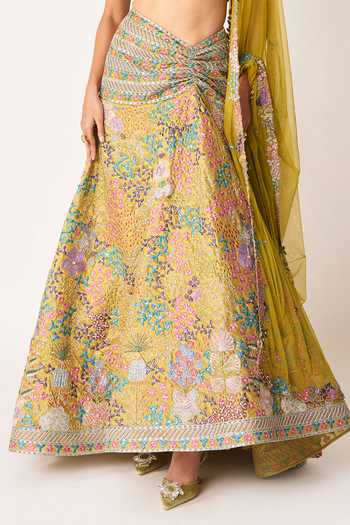 Shop_Aisha Rao_Olive Green Tissue, Tulle Sweetheart Neck Olesia Ruched Lehenga Set _Online_at_Aza_Fashions
