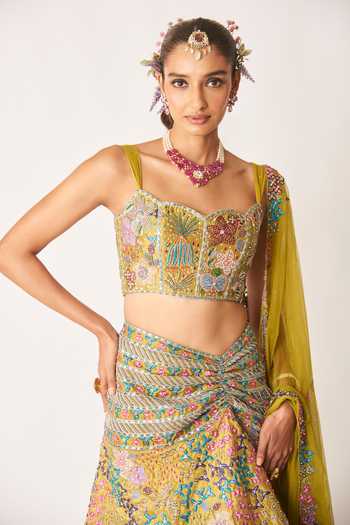 Aisha Rao_Olive Green Tissue, Tulle Sweetheart Neck Olesia Ruched Lehenga Set _at_Aza_Fashions