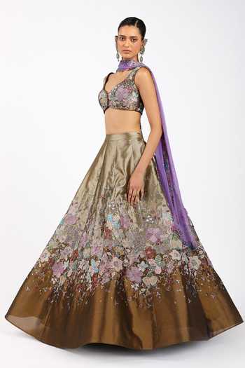 Buy_Aisha Rao_Brown Tissue, Tulle Sweetheart Neck Tenebra Copper Metallic Lehenga Set _Online_at_Aza_Fashions