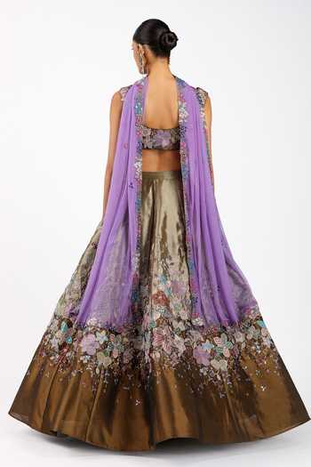 Aisha Rao_Brown Tissue, Tulle Sweetheart Neck Tenebra Copper Metallic Lehenga Set _Online_at_Aza_Fashions