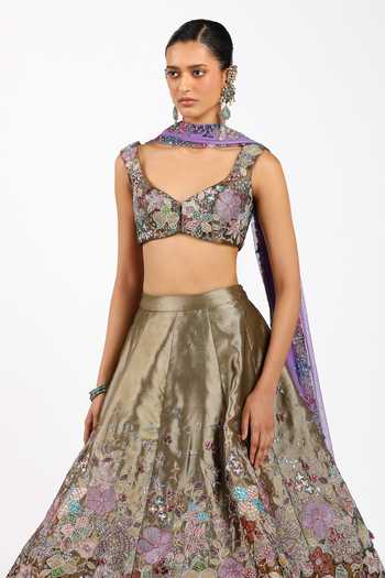 Shop_Aisha Rao_Brown Tissue, Tulle Sweetheart Neck Tenebra Copper Metallic Lehenga Set _Online_at_Aza_Fashions