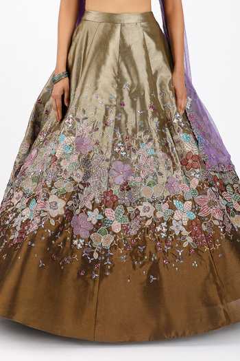 Aisha Rao_Brown Tissue, Tulle Sweetheart Neck Tenebra Copper Metallic Lehenga Set _at_Aza_Fashions