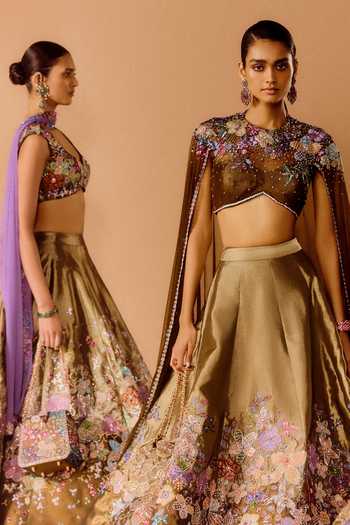 Buy_Aisha Rao_Brown Tissue, Tulle Sweetheart Neck Tenebra Copper Metallic Lehenga Set 